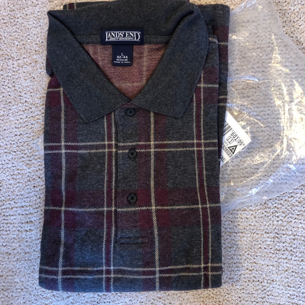 NWT LANDS END  Gray/red/white plaid Cotton  Long Sleeve Polo  Shirt